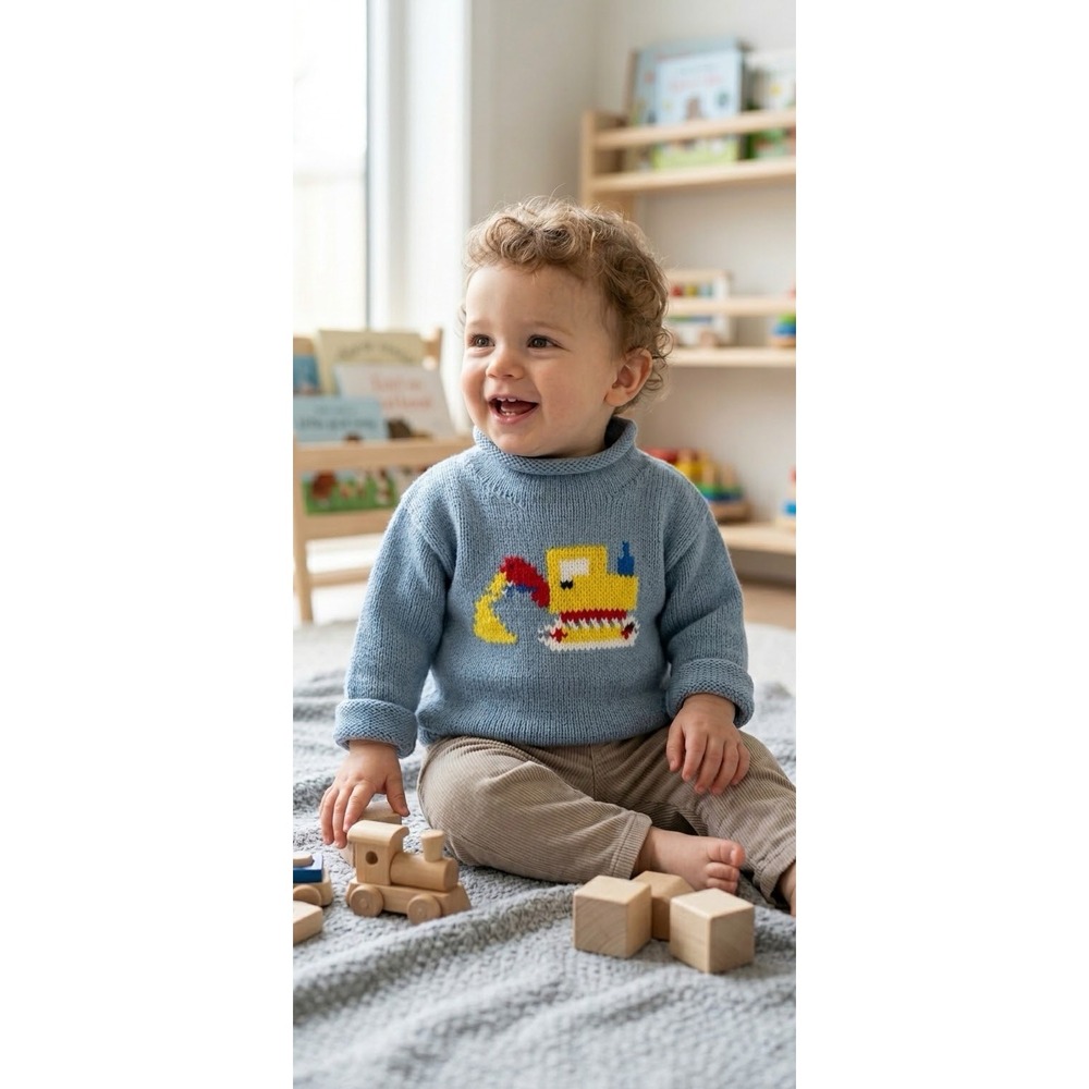 Chatham Kids Boys 12M Backhoe Tractor Rollneck Sweater Gray 100% Cotton Peru